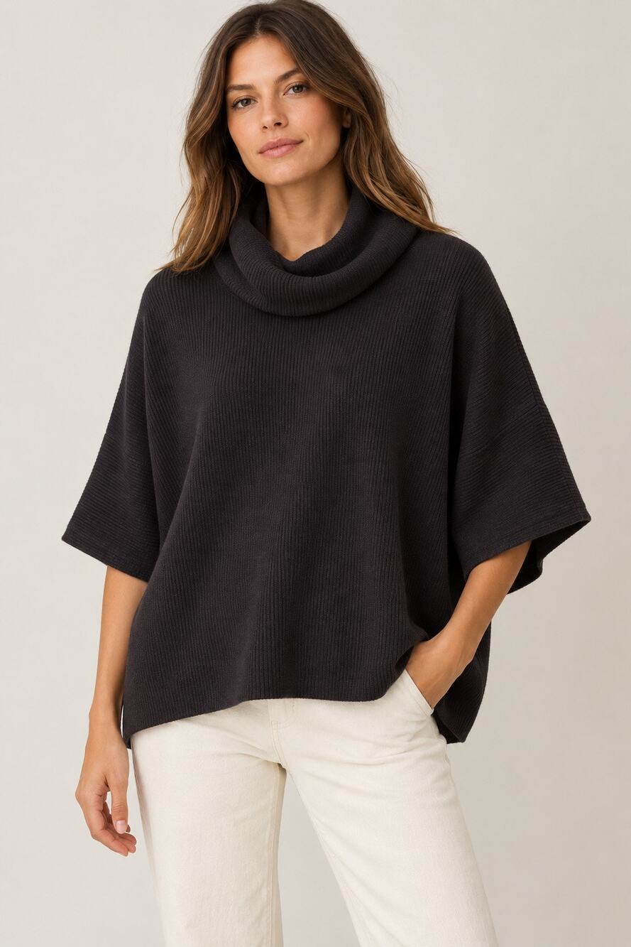 Esby Mesa Dolman Ribbed Knit Turtleneck Sweater – Clove Brown – 1X/2X
